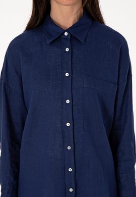 Kadın Lacivert Uzun Kollu Keten Tunik Gömlek - 50299794016