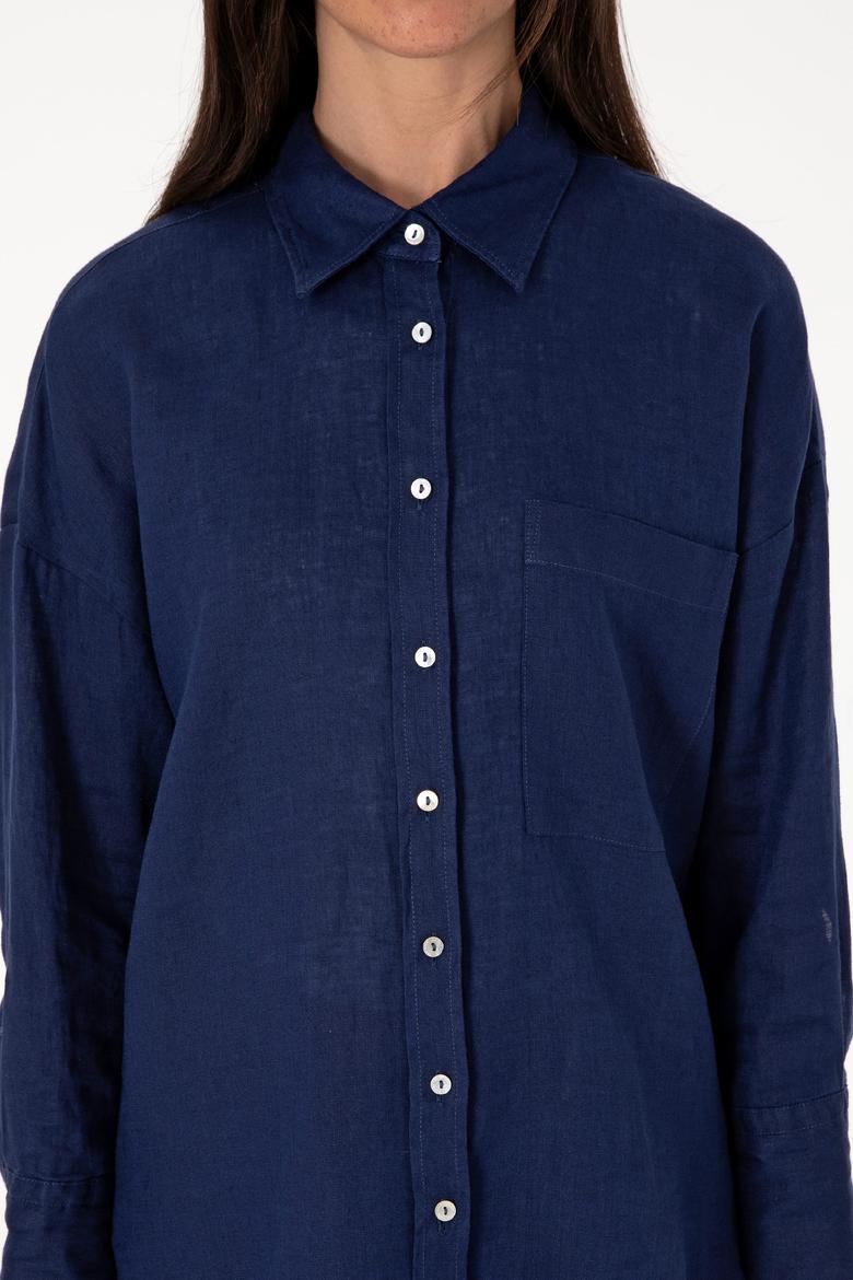 Kadın Lacivert Uzun Kollu Keten Tunik Gömlek - 50299794016