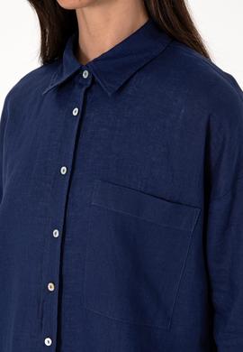 Kadın Lacivert Uzun Kollu Keten Tunik Gömlek - 50299794016