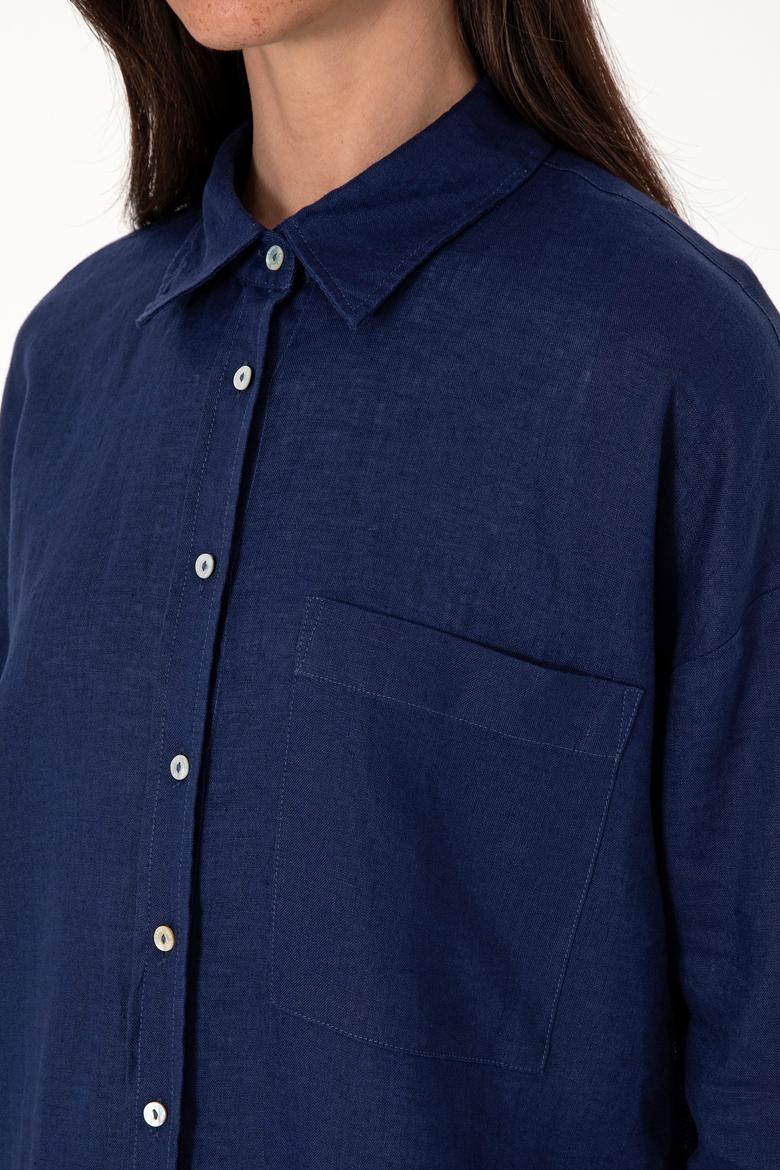 Kadın Lacivert Uzun Kollu Keten Tunik Gömlek - 50299794016