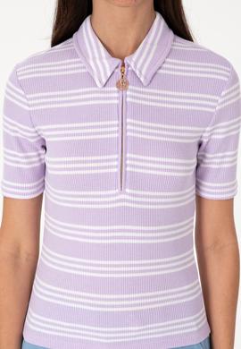 Kadın Lila Çizgili Polo Yaka Tişört - 50300774001