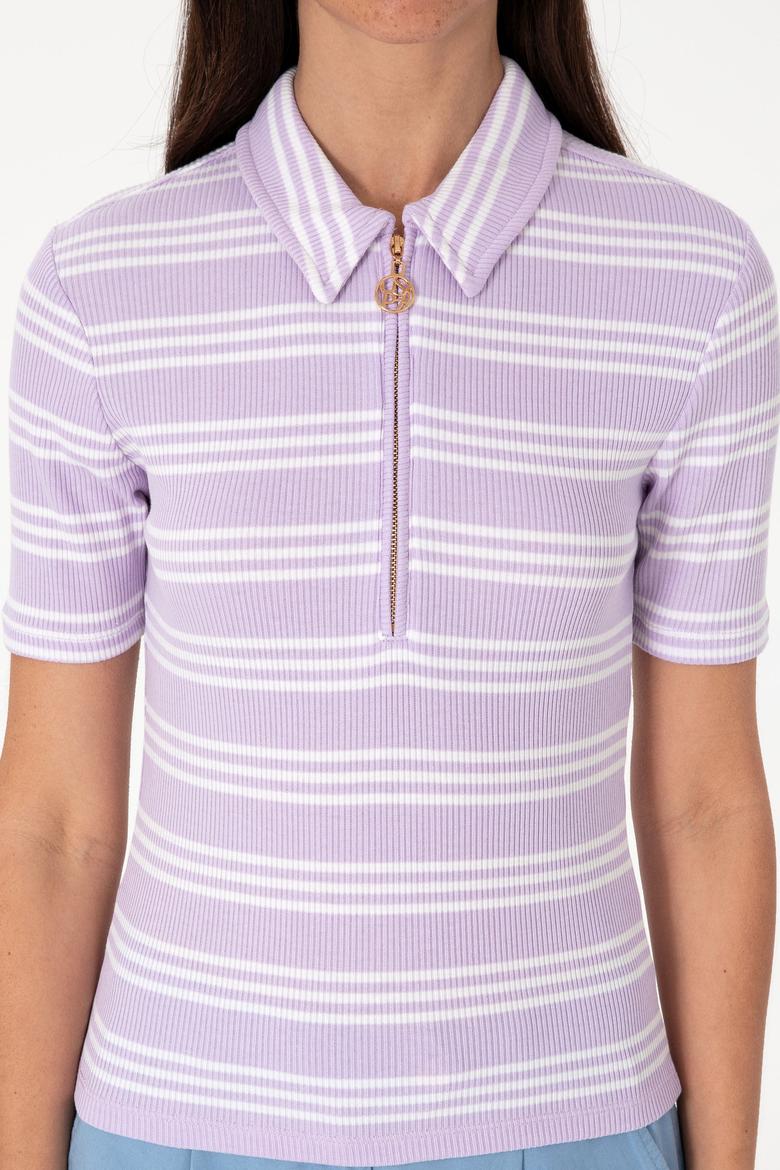 Kadın Lila Çizgili Polo Yaka Tişört - 50300774001