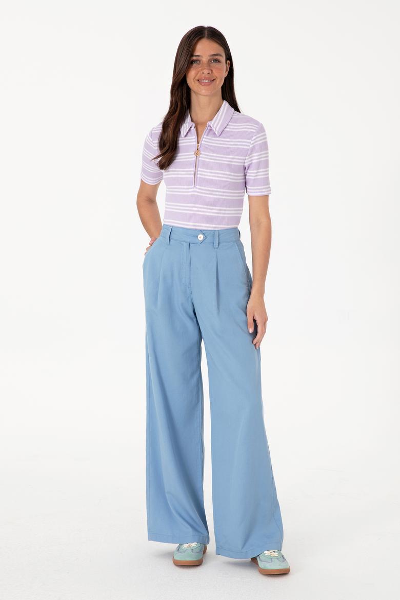 Kadın Lila Çizgili Polo Yaka Tişört - 50300774001