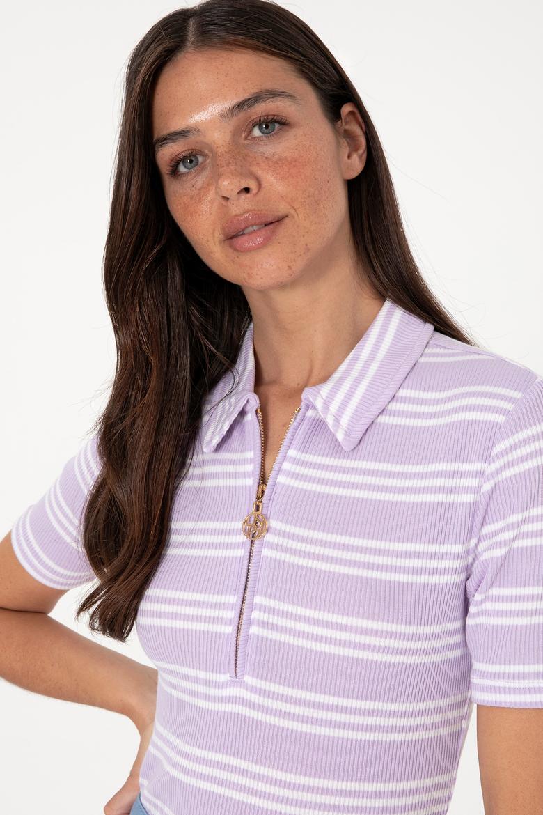 Kadın Lila Çizgili Polo Yaka Tişört - 50300774001