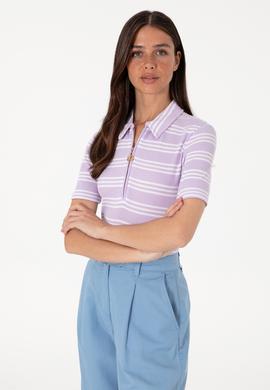 Kadın Lila Çizgili Polo Yaka Tişört - 50300774001