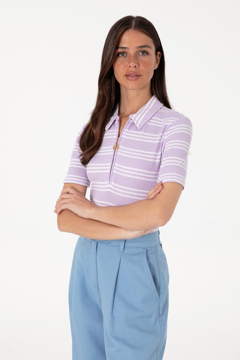 Kadın Lila Çizgili Polo Yaka Tişört - 50300774001
