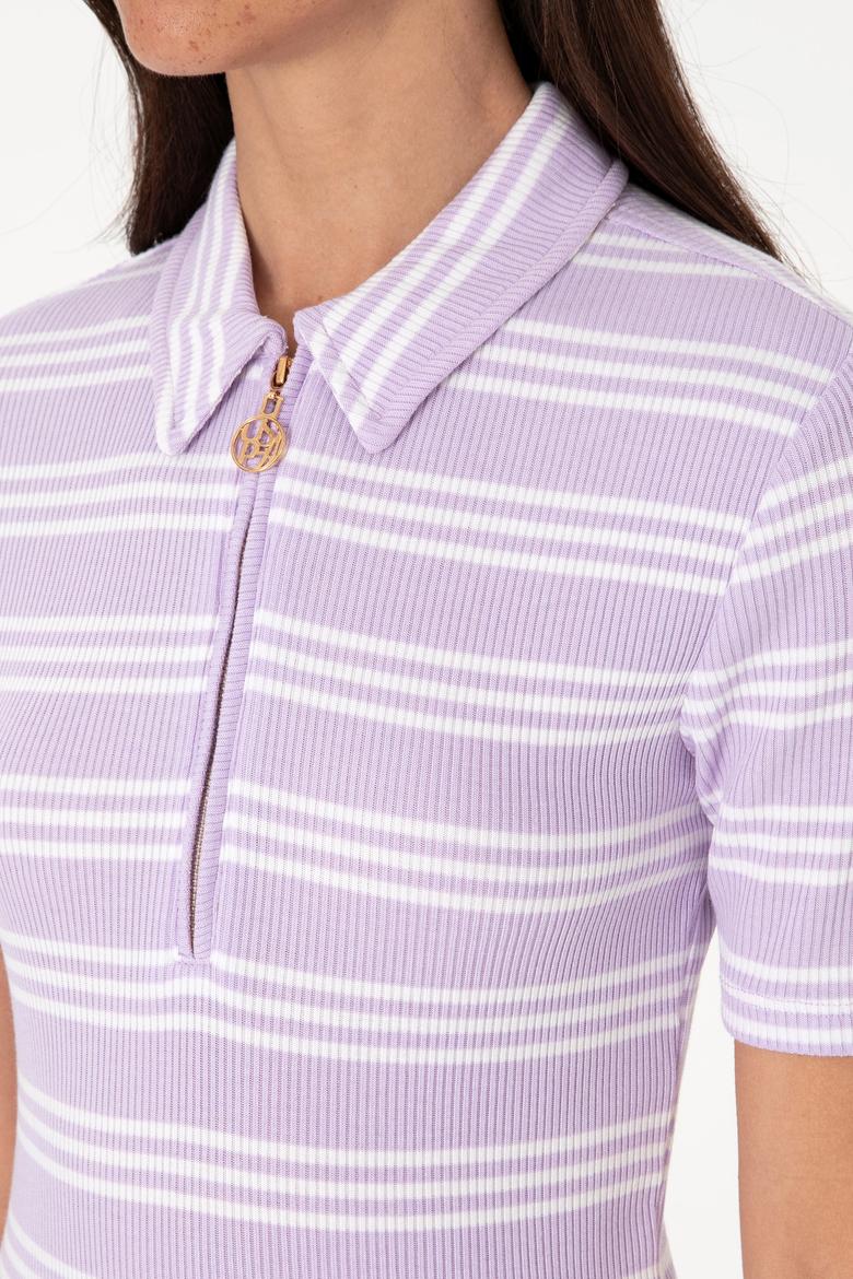 Kadın Lila Çizgili Polo Yaka Tişört - 50300774001