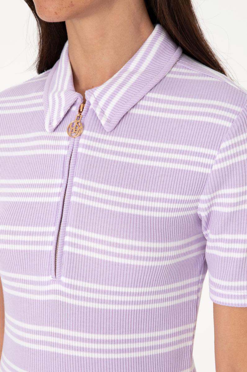 Kadın Lila Çizgili Polo Yaka Tişört