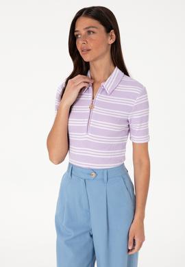 Kadın Lila Çizgili Polo Yaka Tişört - 50300774001