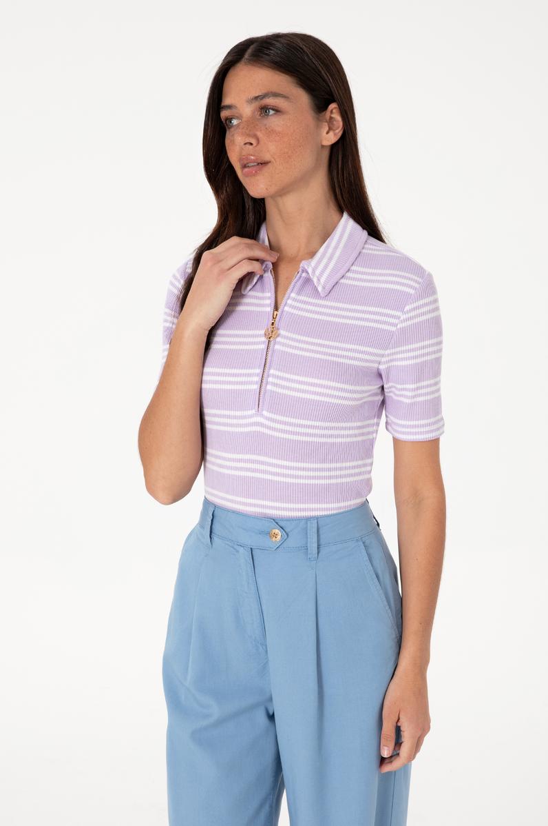 Kadın Lila Çizgili Polo Yaka Tişört