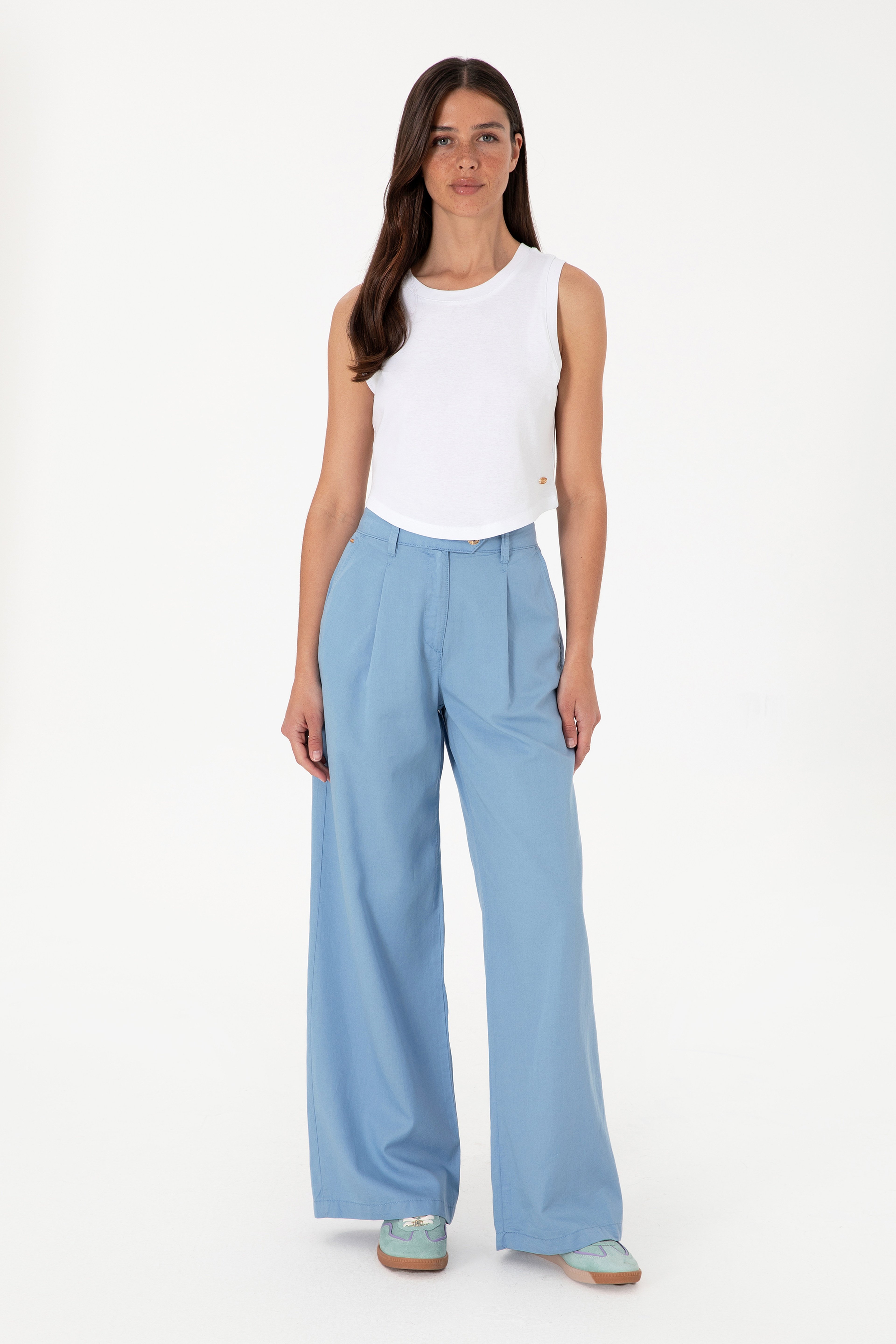 Kadın Mavi Loose Fit Kanvas Pantolon - Image 1