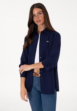 Kadın Lacivert Çizgili Uzun Kollu Tunik Gömlek - 50306408002