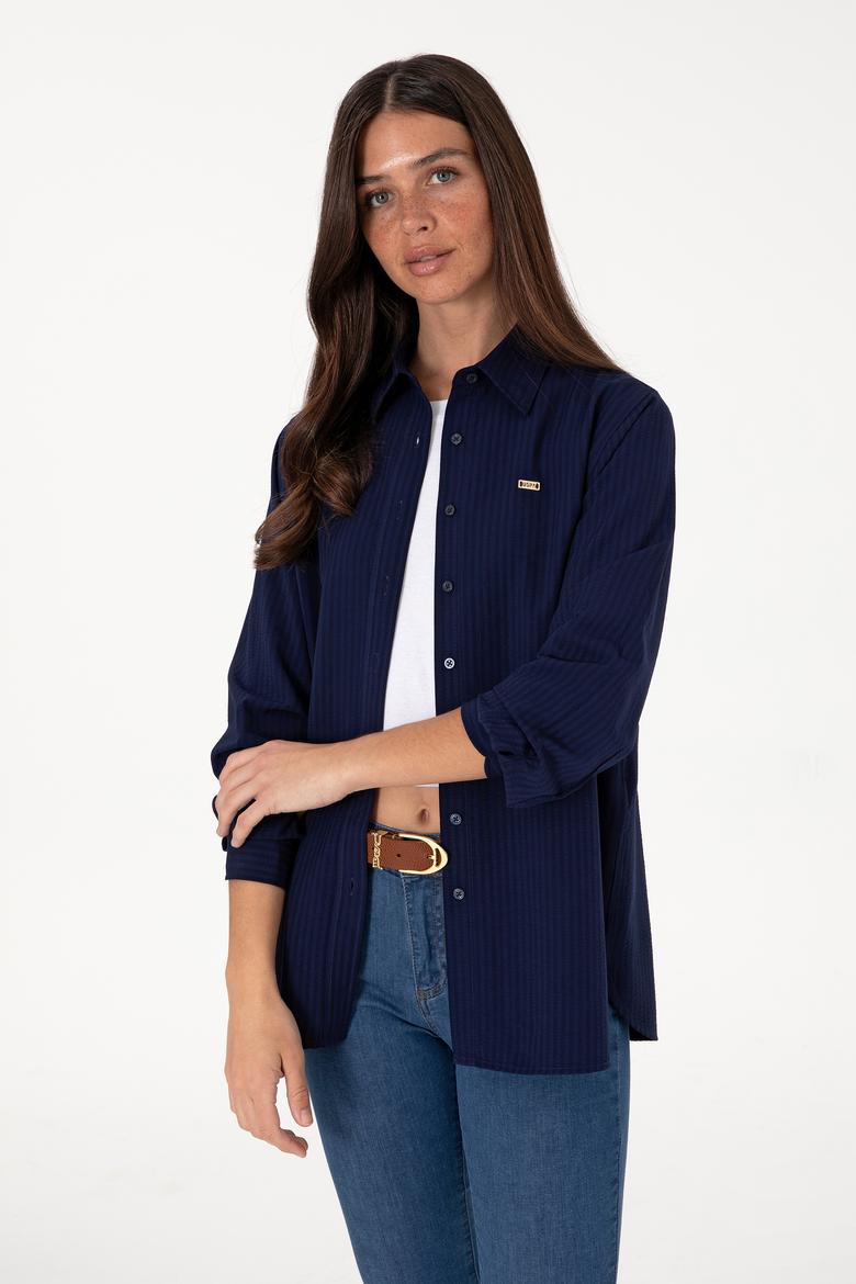Kadın Lacivert Çizgili Uzun Kollu Tunik Gömlek - 50306408002