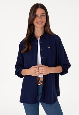 Kadın Lacivert Çizgili Uzun Kollu Tunik Gömlek - 50306408002