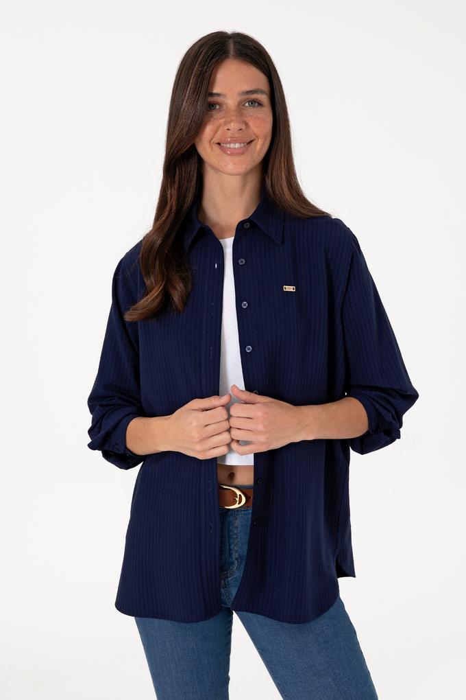 Kadın Lacivert Çizgili Uzun Kollu Tunik Gömlek