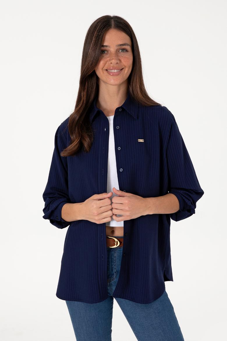 Kadın Lacivert Çizgili Uzun Kollu Tunik Gömlek