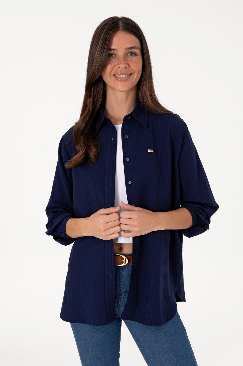 Kadın Lacivert Çizgili Uzun Kollu Tunik Gömlek
