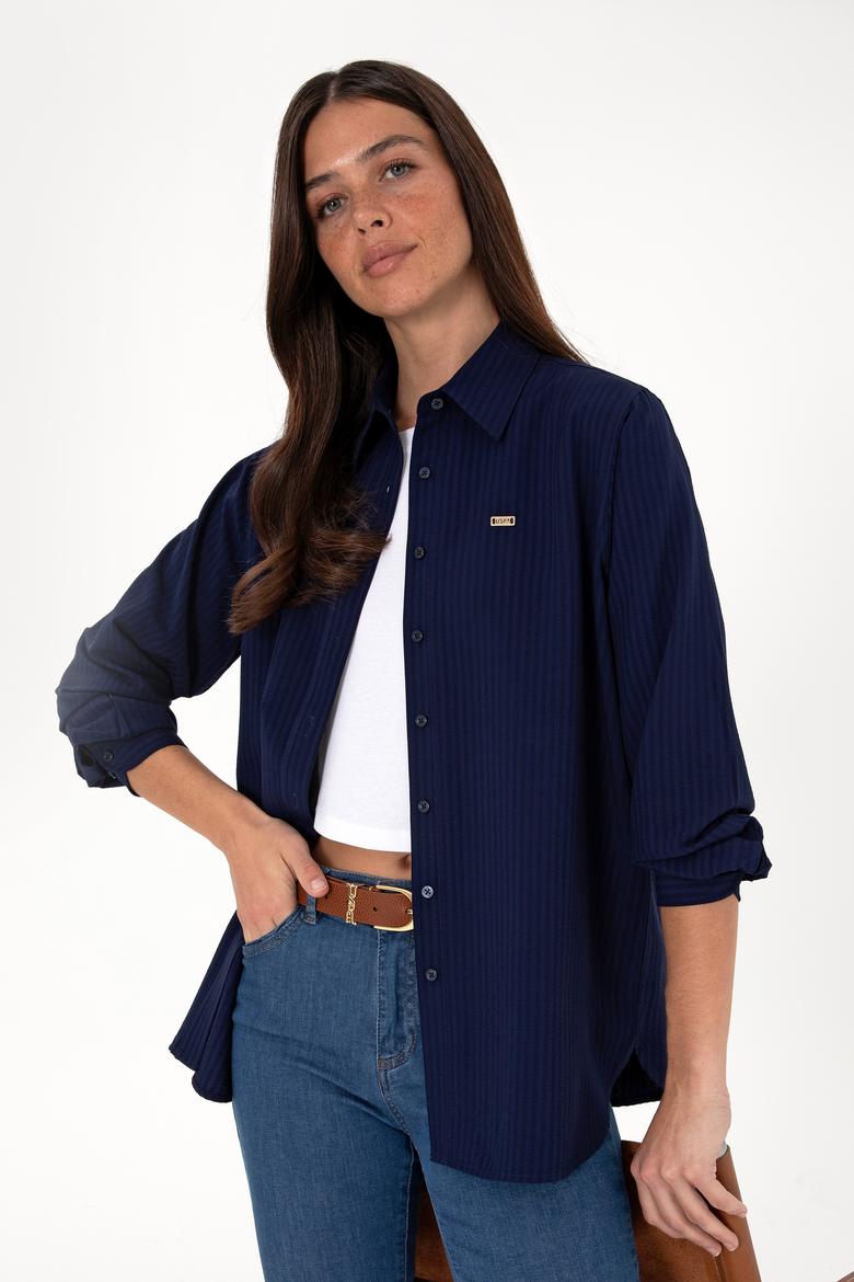 Kadın Lacivert Çizgili Uzun Kollu Tunik Gömlek - 50306408002