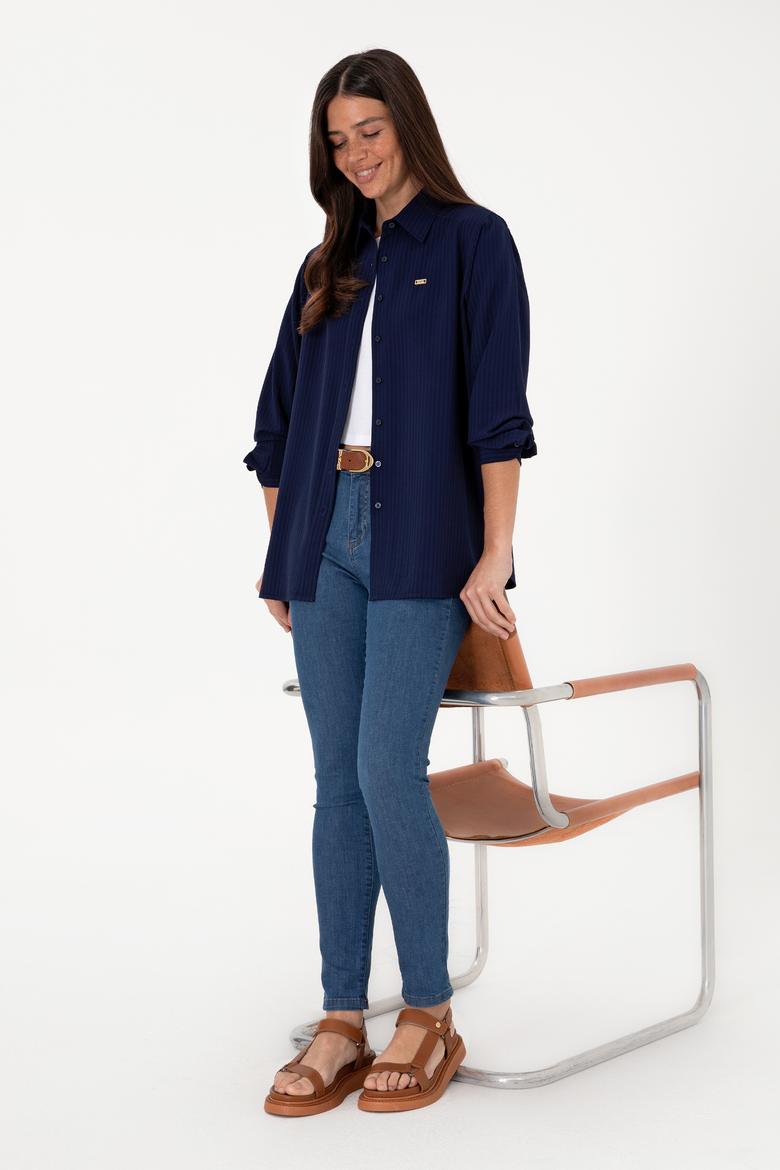 Kadın Lacivert Çizgili Uzun Kollu Tunik Gömlek - 50306408002