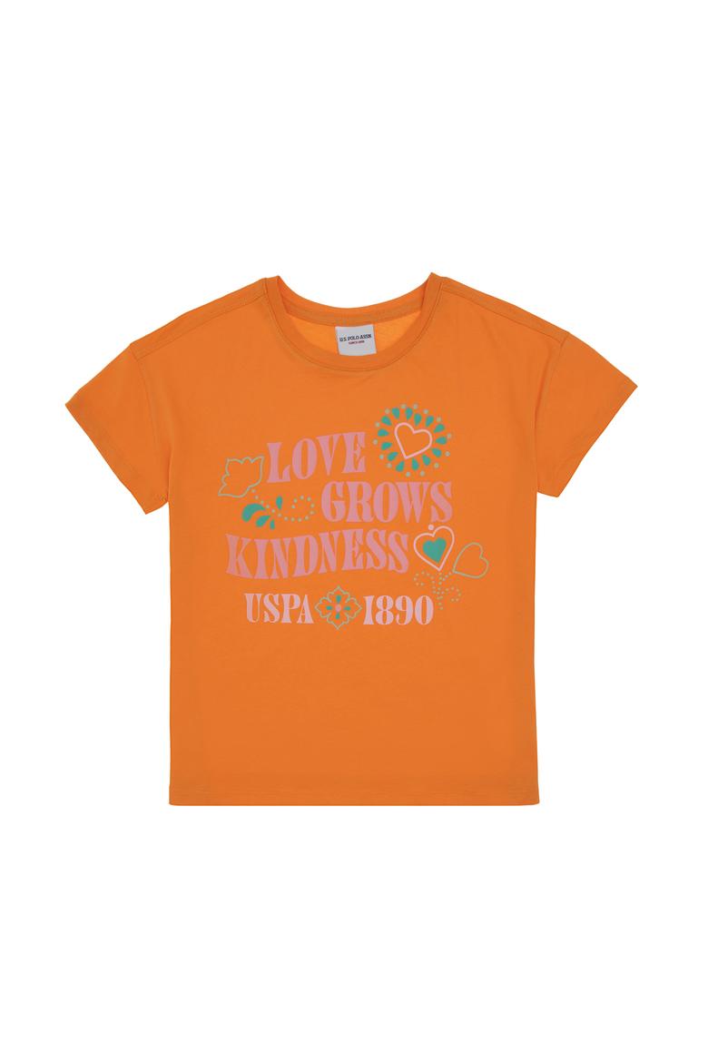 Kız Çocuk Turuncu Bisiklet Yaka Baskılı Pamuk Tişört - 50306197015
