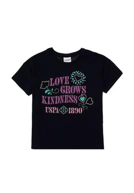 Kız Çocuk Lacivert Bisiklet Yaka Baskılı Pamuk Tişört - 50306197005