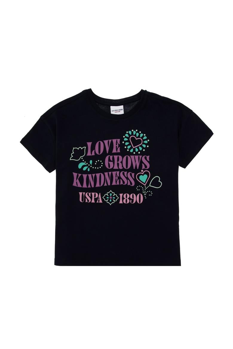 Kız Çocuk Lacivert Bisiklet Yaka Baskılı Pamuk Tişört - 50306197005