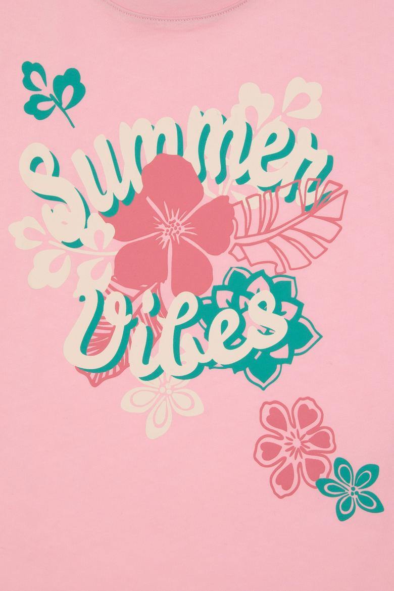 Kız Çocuk Açık Pembe Comfort Fit Bisiklet Yaka Baskılı Pamuk Tişört - 50306203027