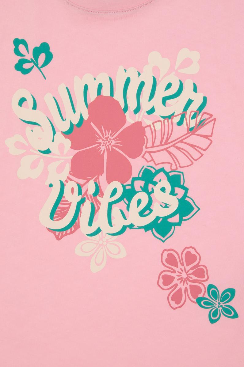 Kız Çocuk Açık Pembe Comfort Fit Bisiklet Yaka Baskılı Pamuk Tişört