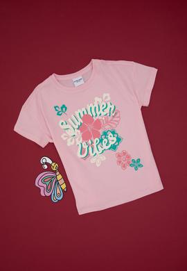 Kız Çocuk Açık Pembe Comfort Fit Bisiklet Yaka Baskılı Pamuk Tişört - 50306203027