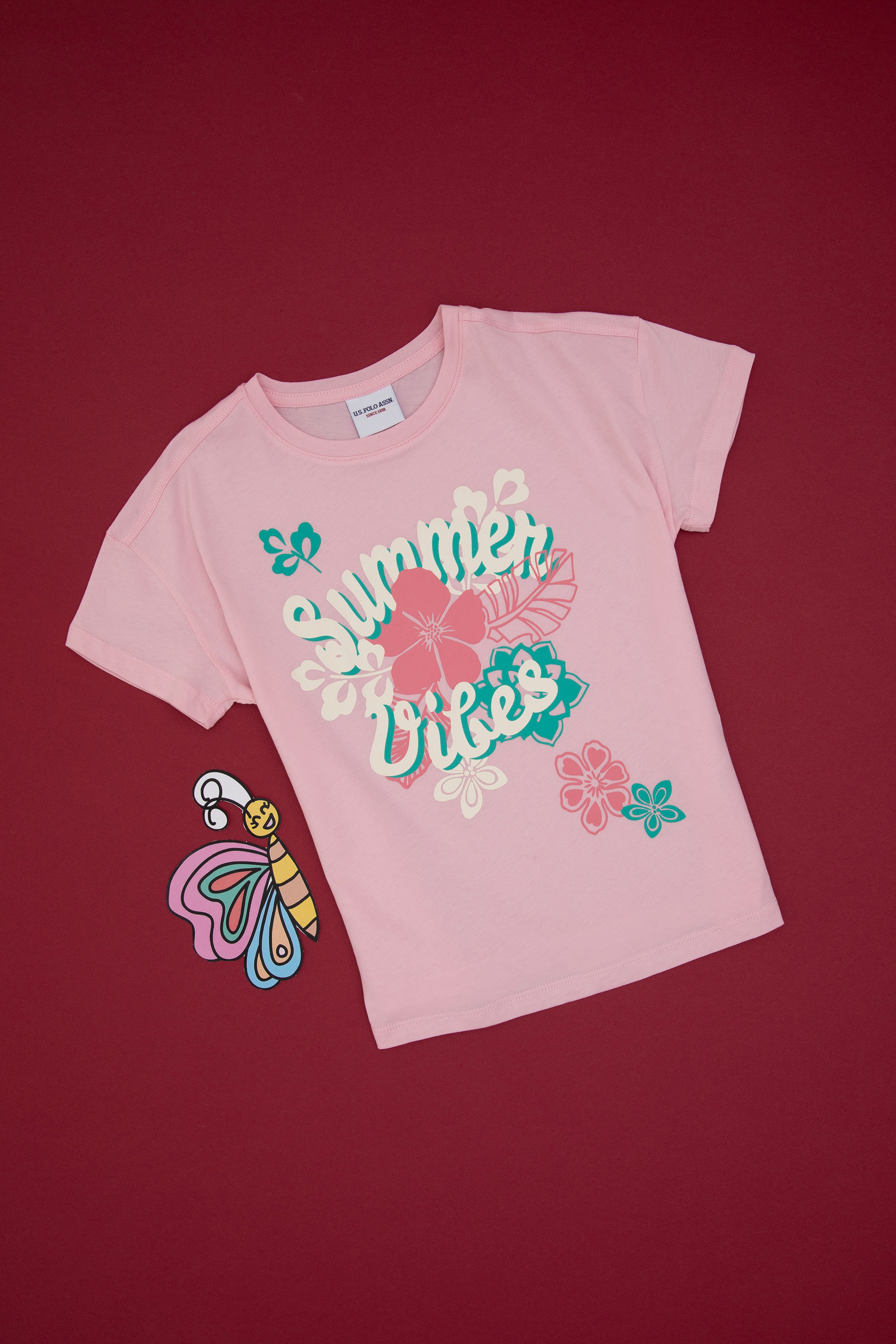 Kız Çocuk Açık Pembe Comfort Fit Bisiklet Yaka Baskılı Pamuk Tişört - Image 3