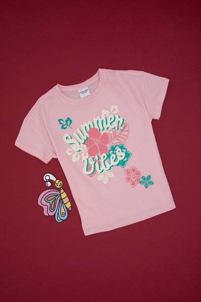 Kız Çocuk Açık Pembe Comfort Fit Bisiklet Yaka Baskılı Pamuk Tişört