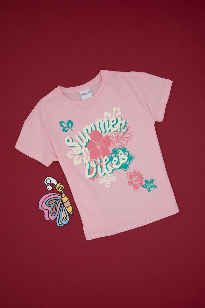 Kız Çocuk Açık Pembe Comfort Fit Bisiklet Yaka Baskılı Pamuk Tişört - 50306203027