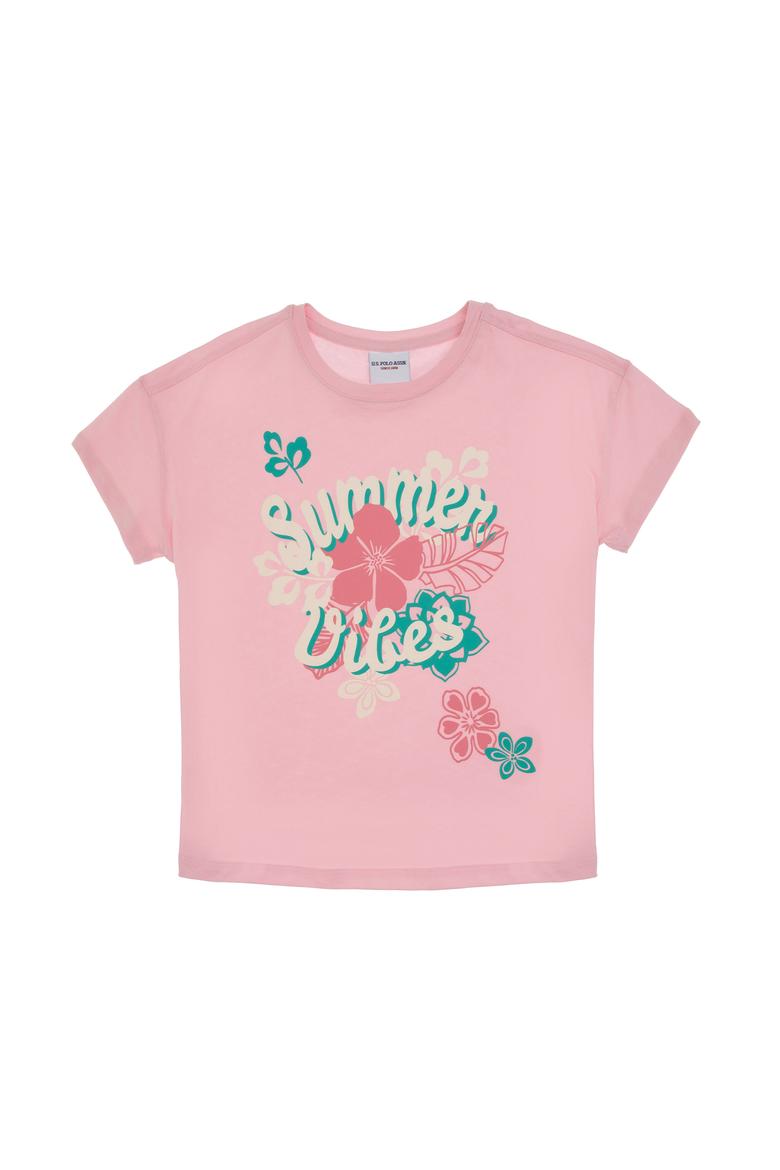 Kız Çocuk Açık Pembe Comfort Fit Bisiklet Yaka Baskılı Pamuk Tişört - 50306203027