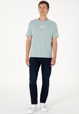 Erkek Comfort Fit Bisiklet Yaka Su Yeşili Tişört - 50294322049