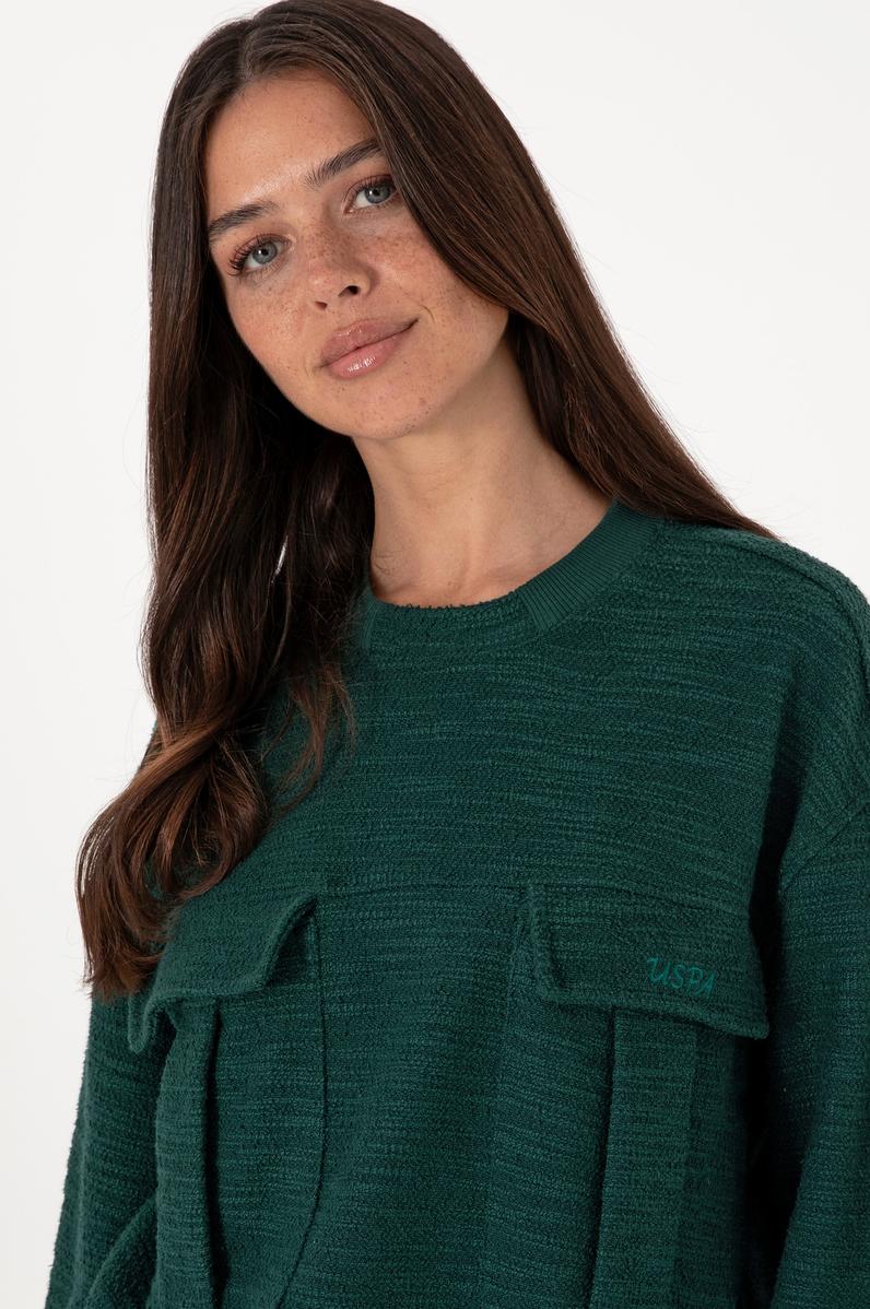 Kadın Koyu Yeşil Bisiklet Yaka Sweatshırt