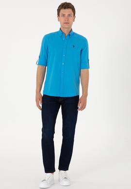 Erkek Mavi Keten Görünümlü Basic Gömlek - 50306285109