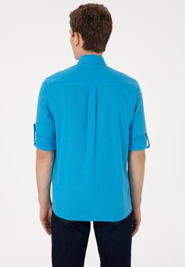 Erkek Mavi Keten Görünümlü Basic Gömlek - 50306285109