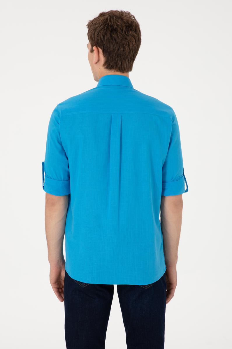 Erkek Mavi Keten Görünümlü Basic Gömlek