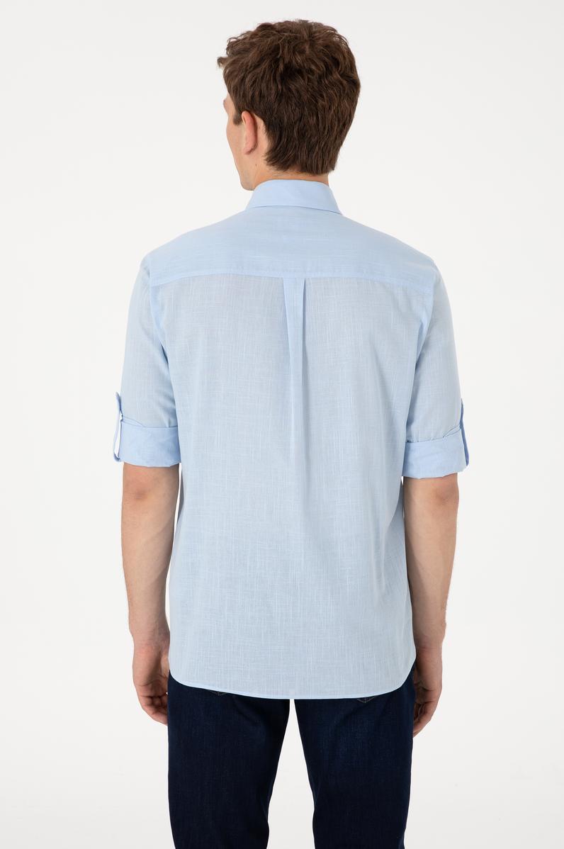 Erkek Açık Mavi Keten Görünümlü Basic Gömlek