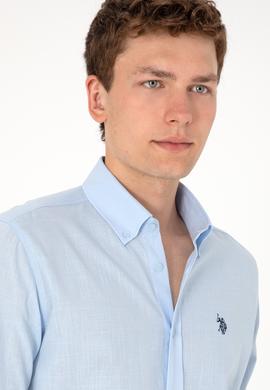 Erkek Açık Mavi Keten Görünümlü Basic Gömlek - 50306285028