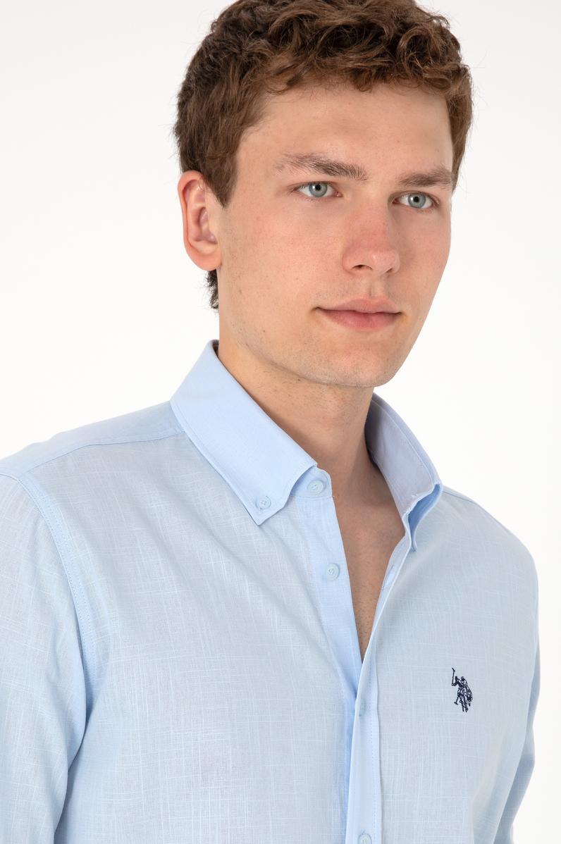 Erkek Açık Mavi Keten Görünümlü Basic Gömlek