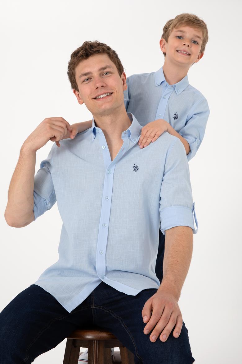 Erkek Açık Mavi Keten Görünümlü Basic Gömlek - 50306285028