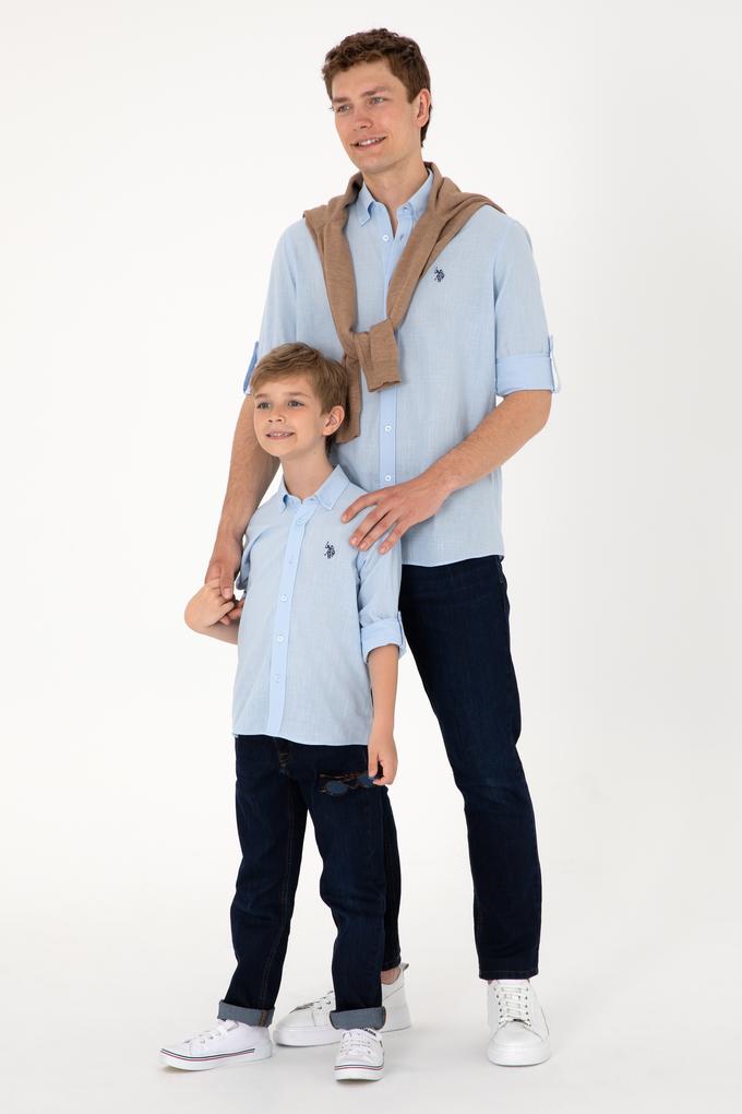 Erkek Açık Mavi Keten Görünümlü Basic Gömlek