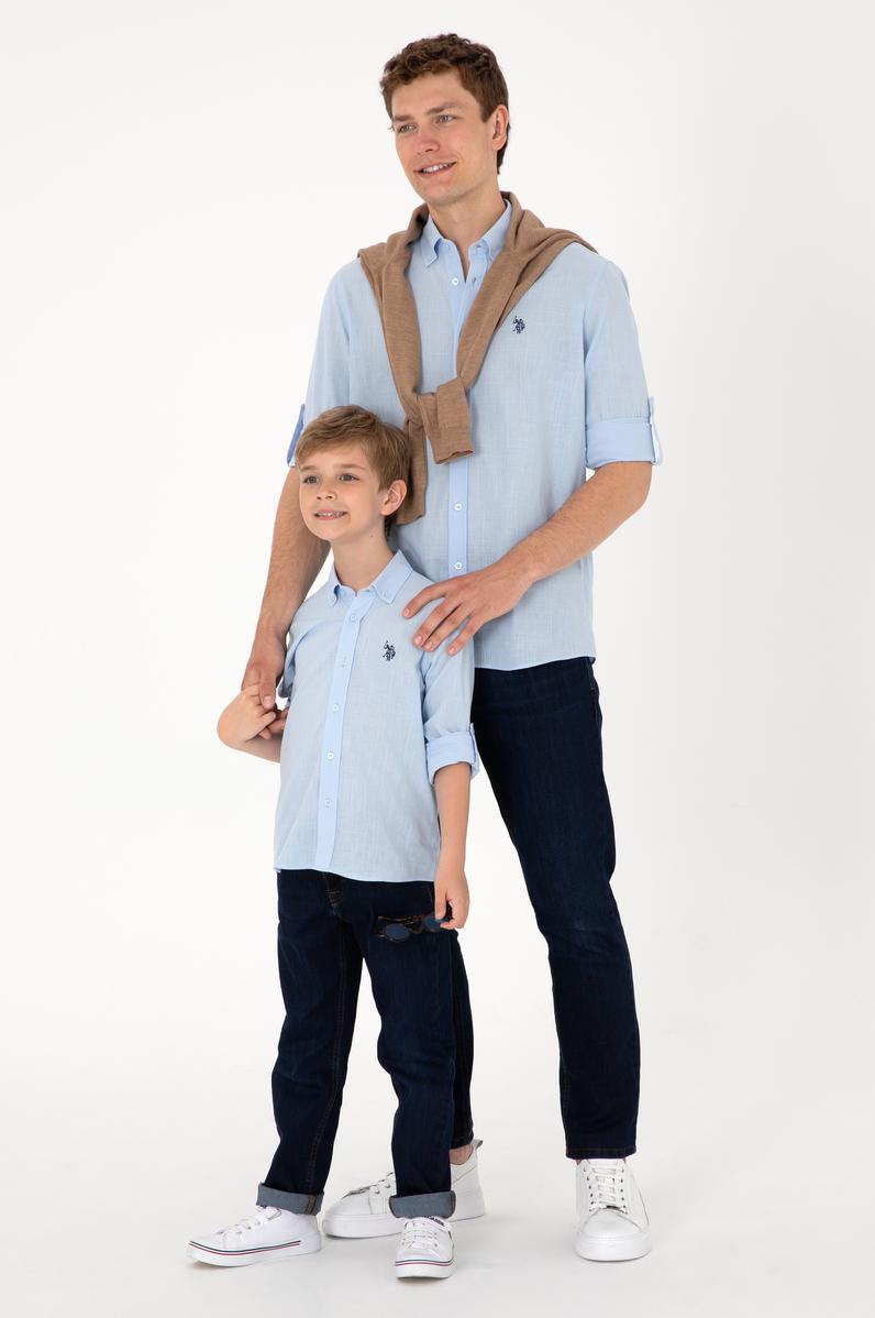 Erkek Açık Mavi Keten Görünümlü Basic Gömlek