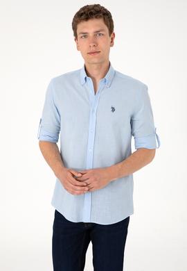 Erkek Açık Mavi Keten Görünümlü Basic Gömlek - 50306285028
