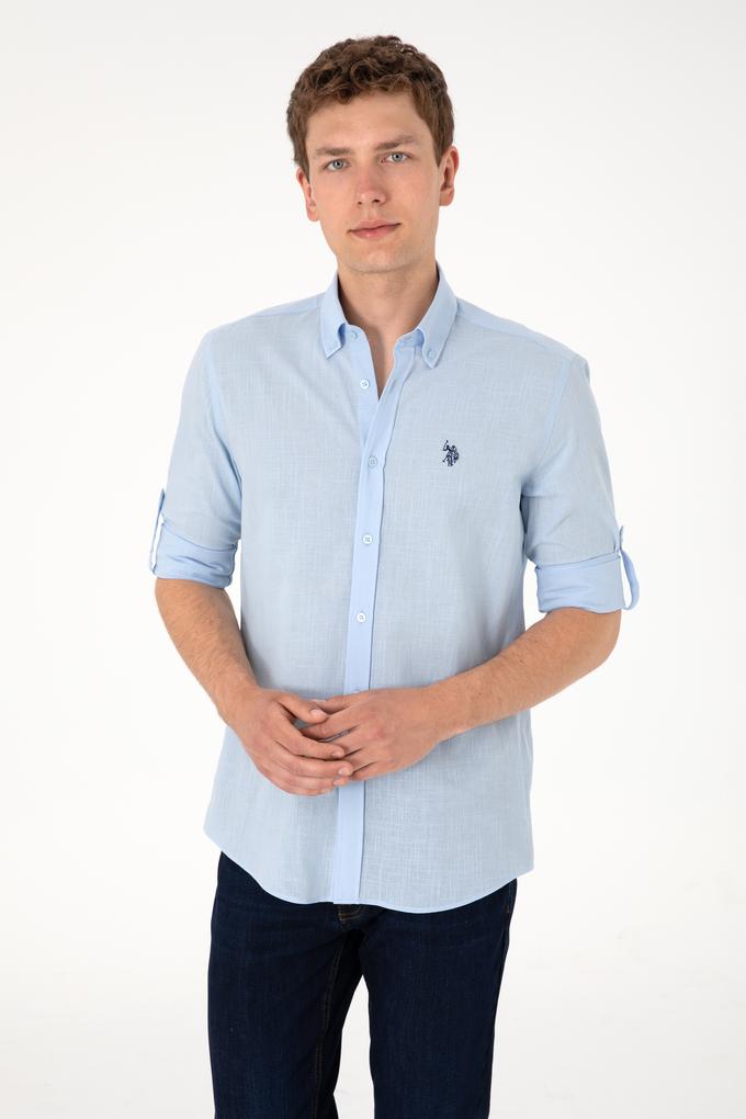 Erkek Açık Mavi Keten Görünümlü Basic Gömlek