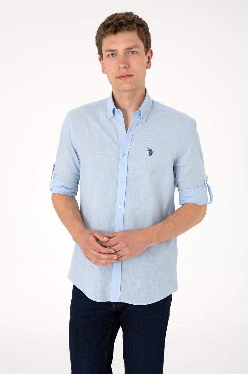Erkek Açık Mavi Keten Görünümlü Basic Gömlek