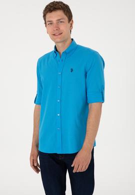 Erkek Mavi Keten Görünümlü Basic Gömlek - 50306285109