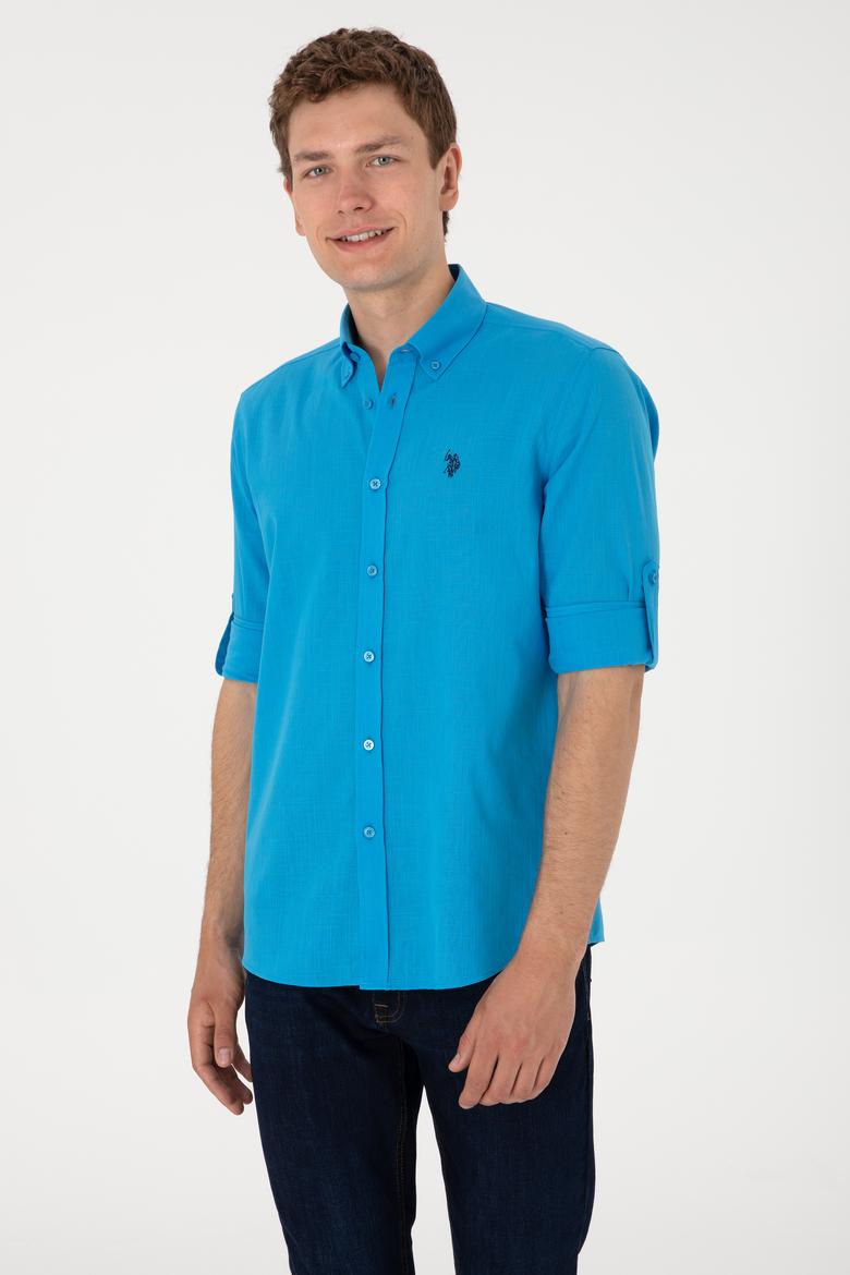 Erkek Mavi Keten Görünümlü Basic Gömlek - 50306285109