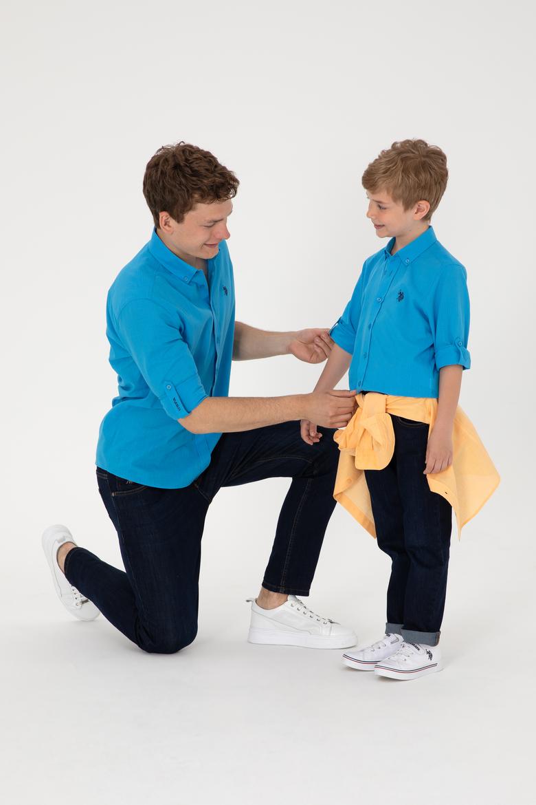 Erkek Mavi Keten Görünümlü Basic Gömlek - 50306285109